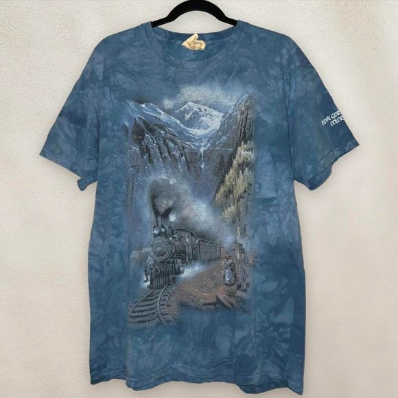 Vintage The Mountain Train Graphic T-Shirt Blue Tie Dye Short Sleeve 03 Sz Large - Picture 1 of 7